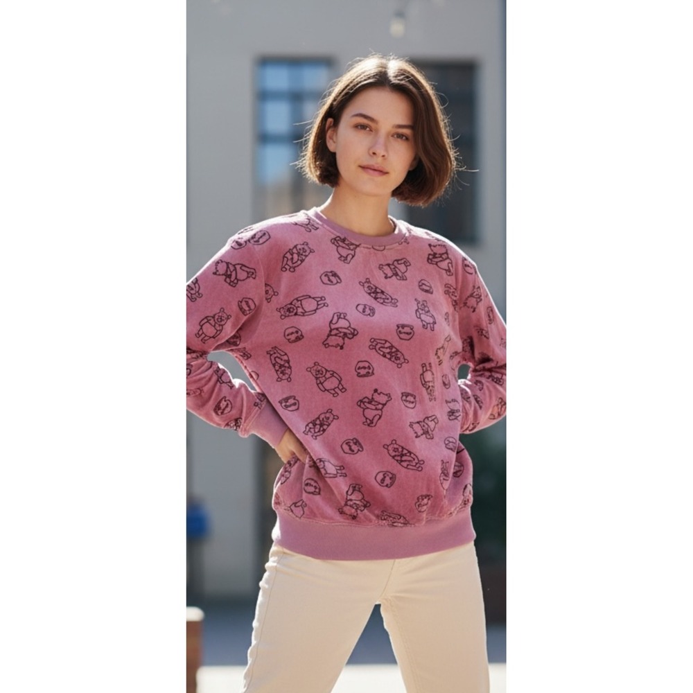 Disney Winnie the Pooh All Over Print Velour Sweatshirt Women's XL Pink
